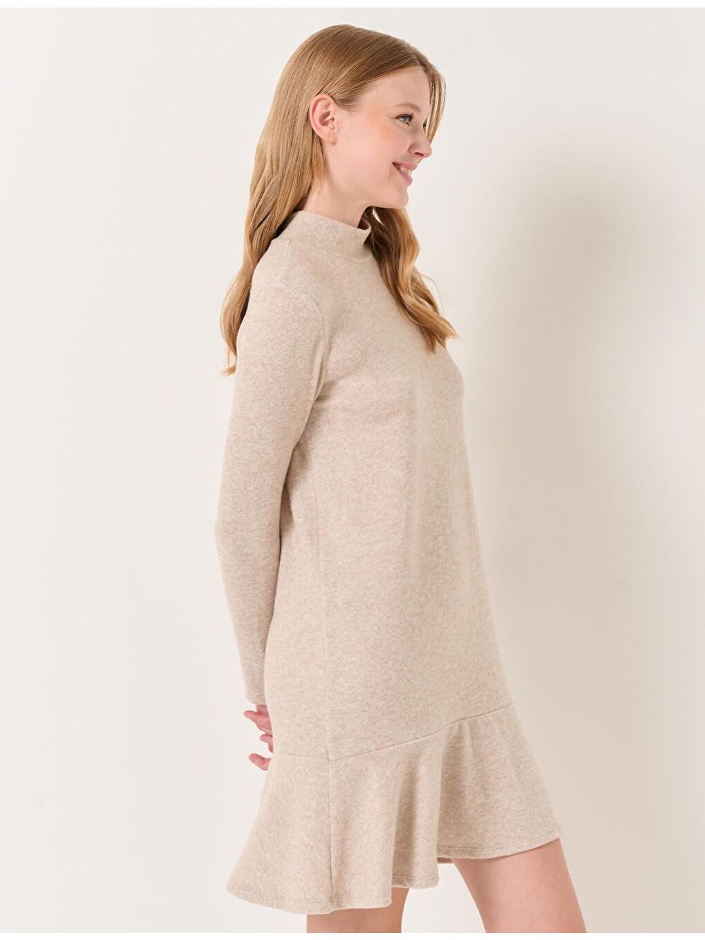 Bej Melanj Balıkçı Yaka Uzun Kollu Elbise-4