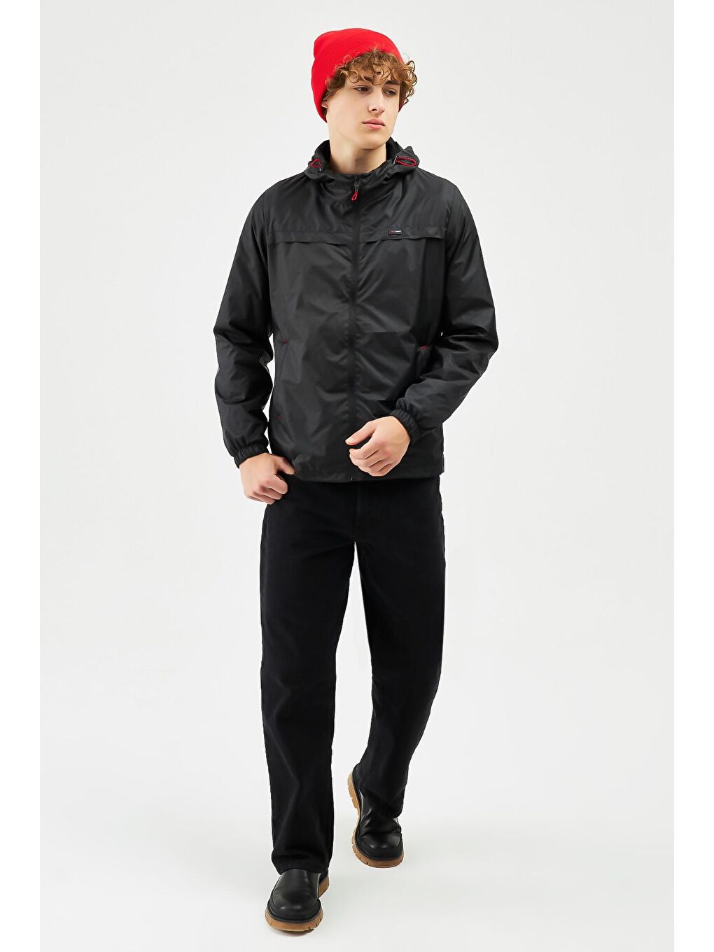Siyah Erkek Beyaz Suya Dayanıklı Kapüşonlu İçi Astarlı Cepli Yağmurluk - Rüzgarlık Ceket Y-25-1