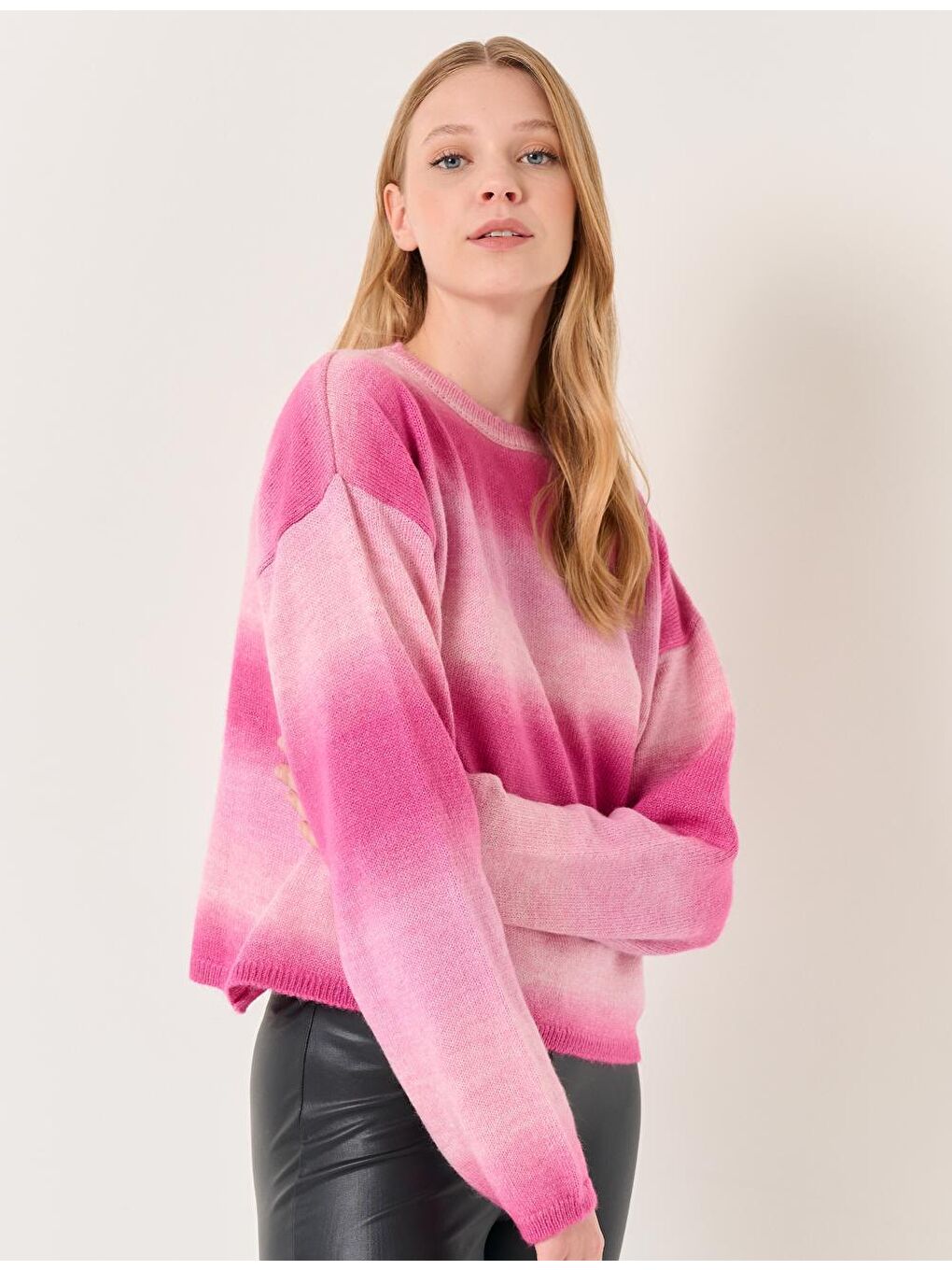 Pembe Uzun Kollu Bisiklet Yaka Renk Bloklu Kazak-3