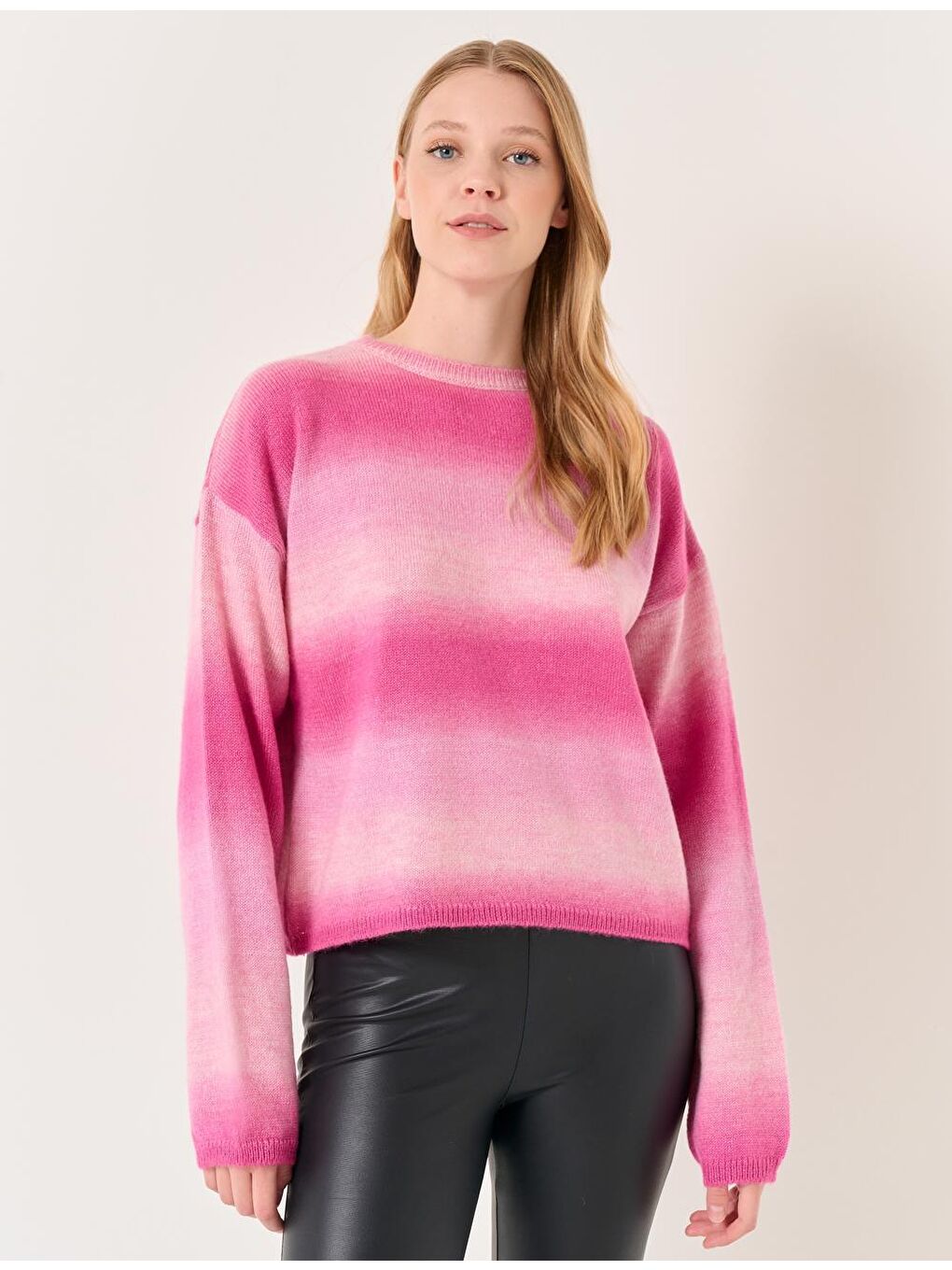 Pembe Uzun Kollu Bisiklet Yaka Renk Bloklu Kazak-4