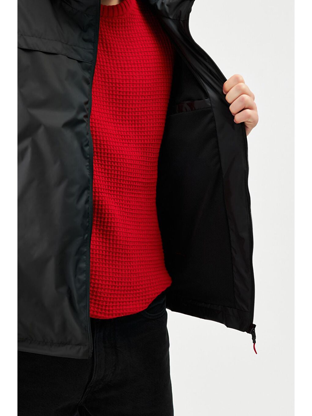 Siyah Erkek Beyaz Suya Dayanıklı Kapüşonlu İçi Astarlı Cepli Yağmurluk - Rüzgarlık Ceket Y-25-2