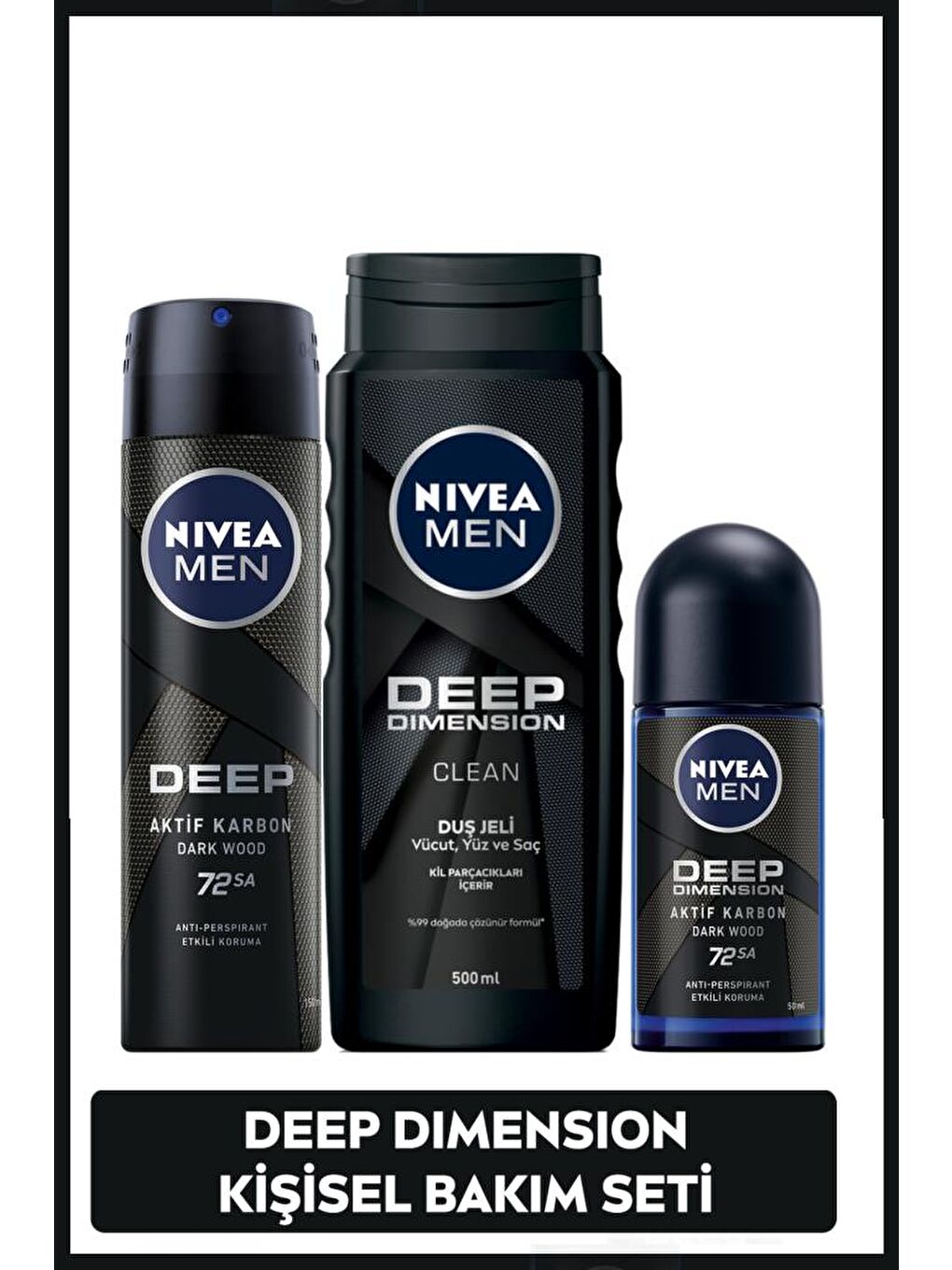 NIVEA Şeffaf Men Deep Dimension Erkek Kişisel Bakım Seti, Duş Jeli 500 ml, Deodorant 150 ml, Roll-On 50 ml