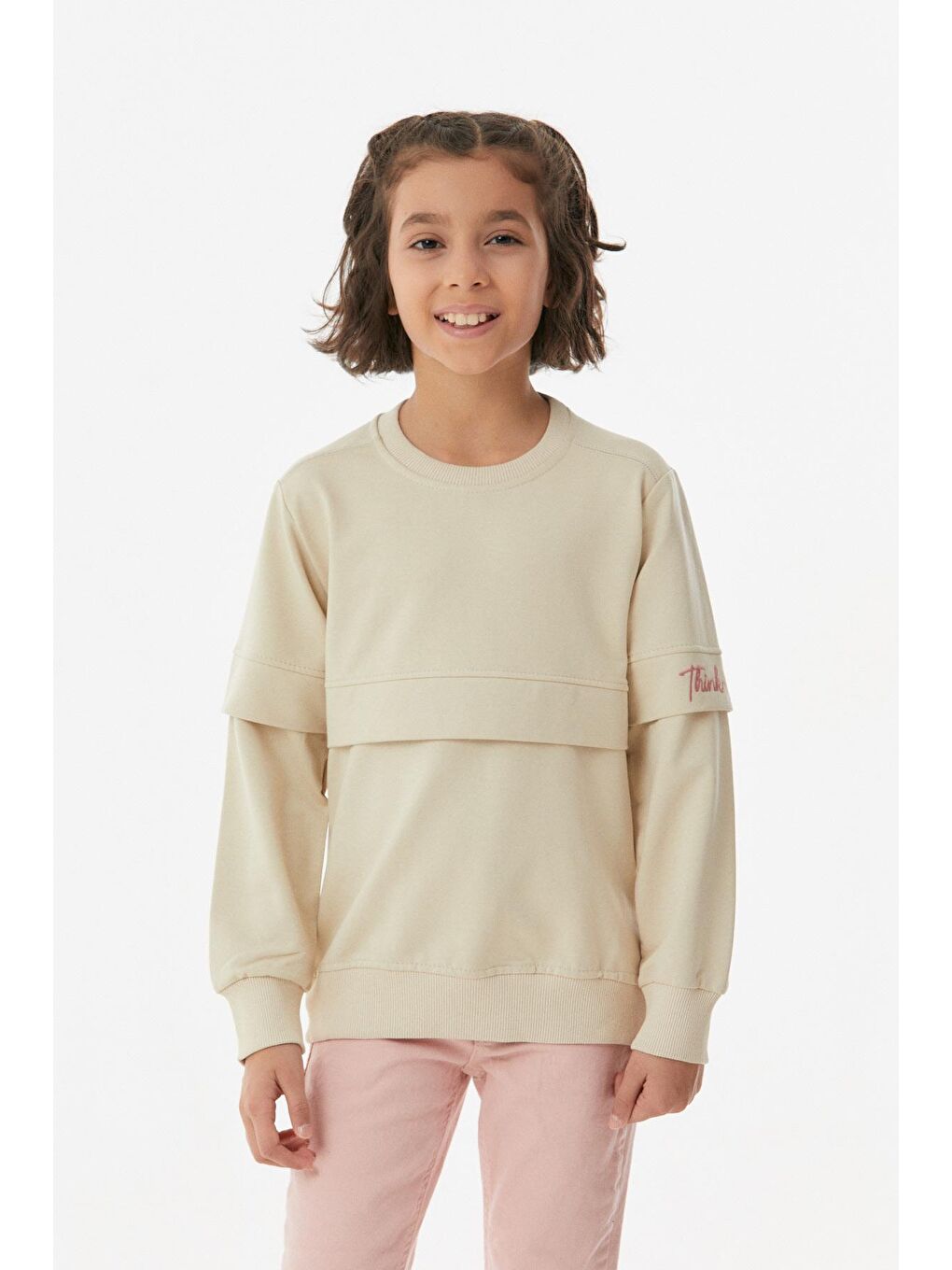 Bej Nakışlı Bisiklet Yaka Kız Çocuk Sweatshirt