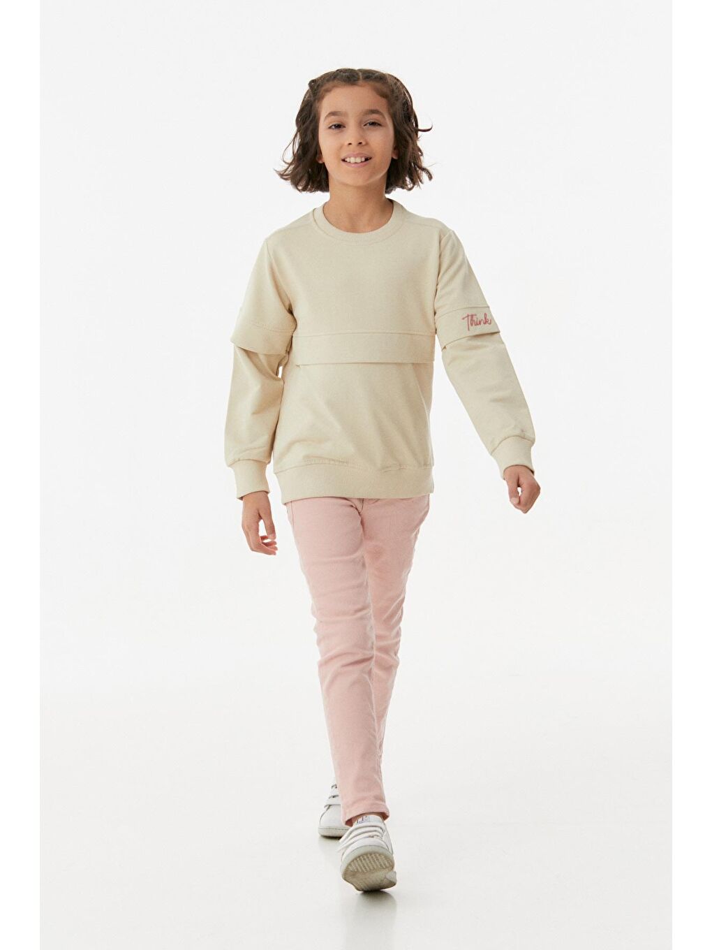 Bej Nakışlı Bisiklet Yaka Kız Çocuk Sweatshirt-3