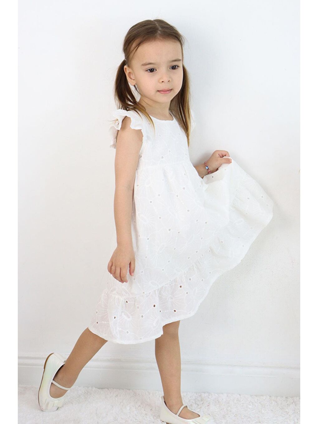 Kız Çocuk Elbise Güpürlü Çiçek Nakışlı Ekru (4-9 Yaş)-1