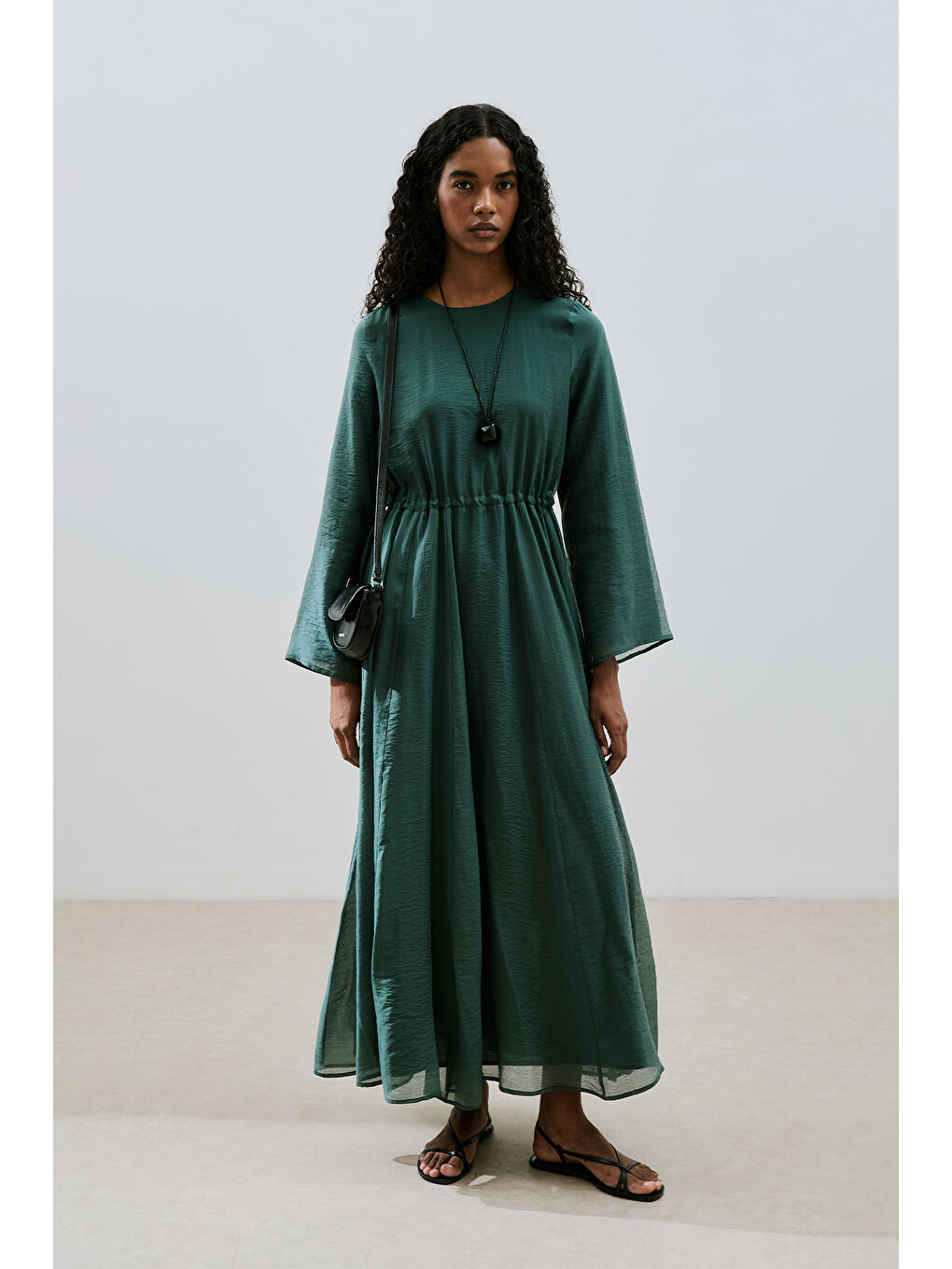 Uzun Beli Ayarlamalı Elbise Yeşil
