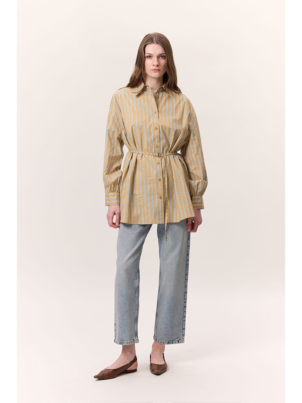 Kahverengi Çizgili Kemerli Gömlek Camel-2