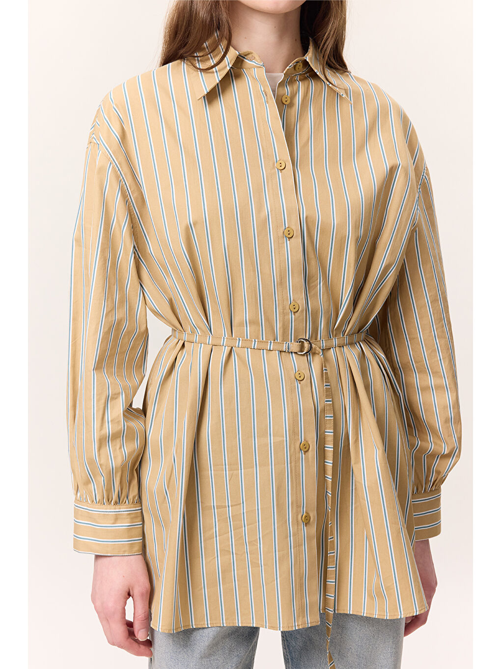 Kahverengi Çizgili Kemerli Gömlek Camel-3