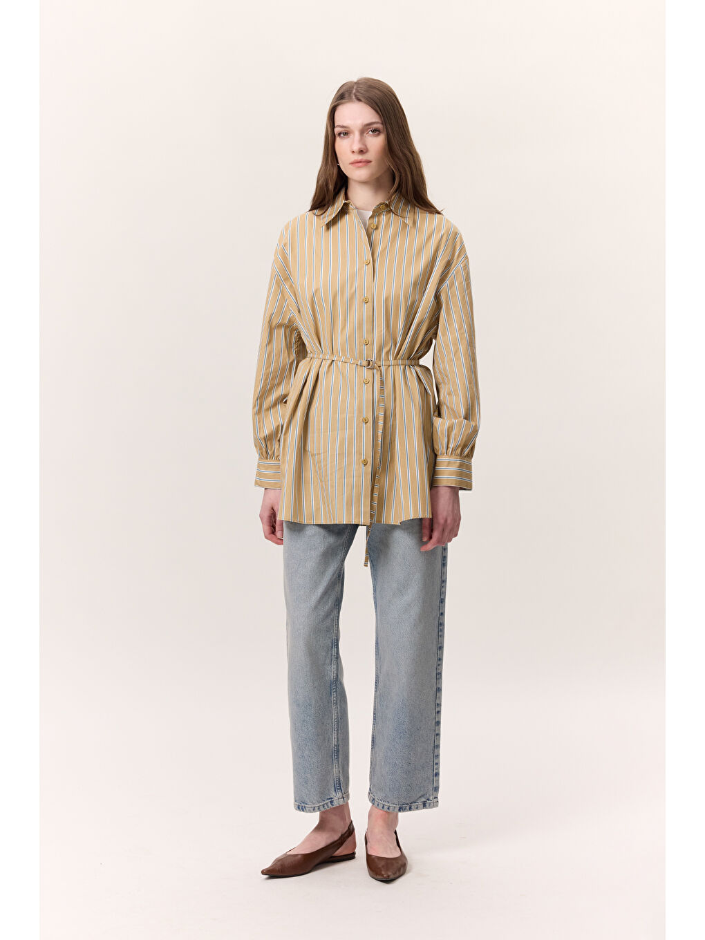 Kahverengi Çizgili Kemerli Gömlek Camel-4