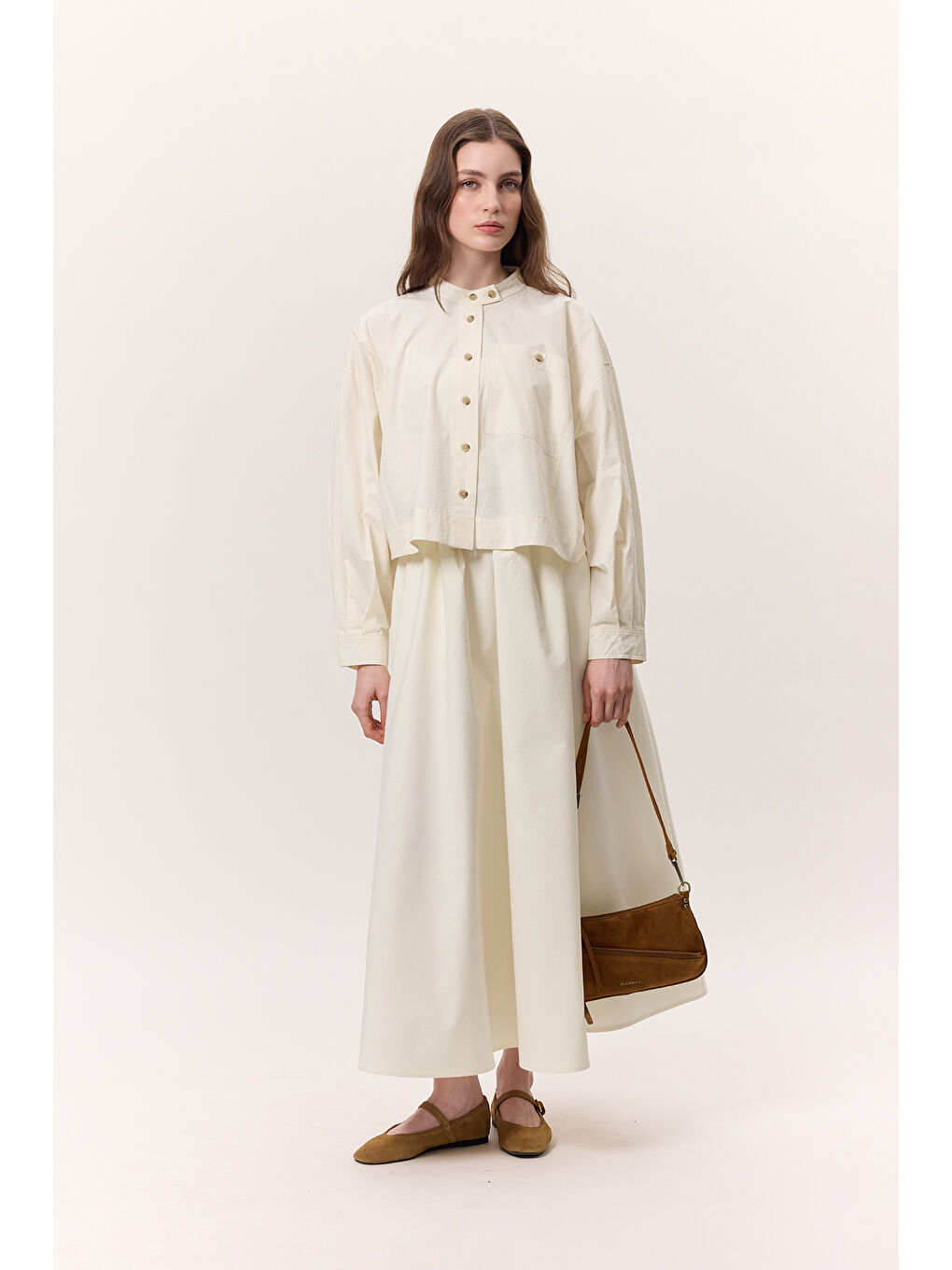 Ekru Geniş Cep Detaylı Kısa Gömlek Tereyağı-1