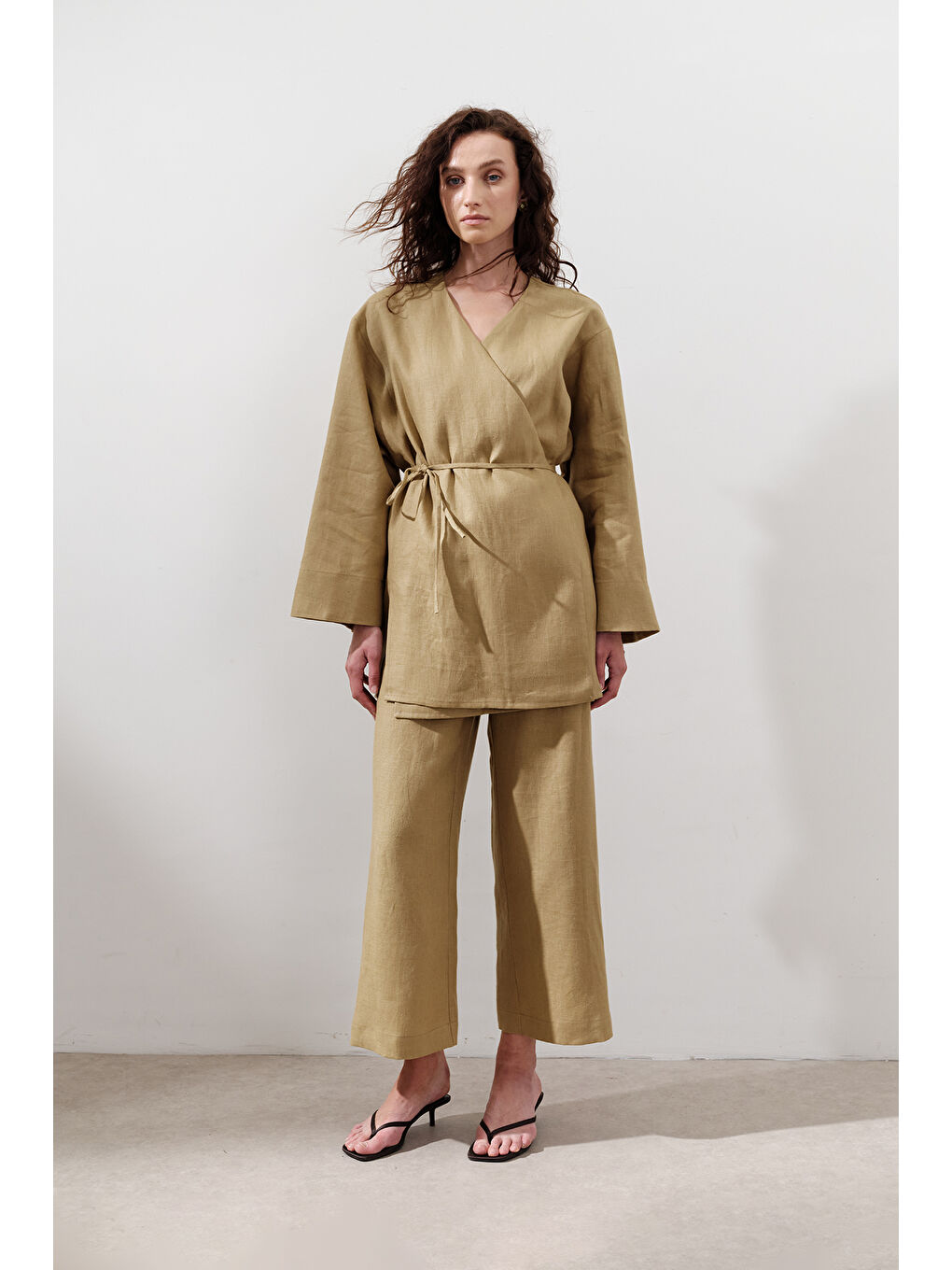 Sarı Keten Kruvaze Kapama Kimono Köri