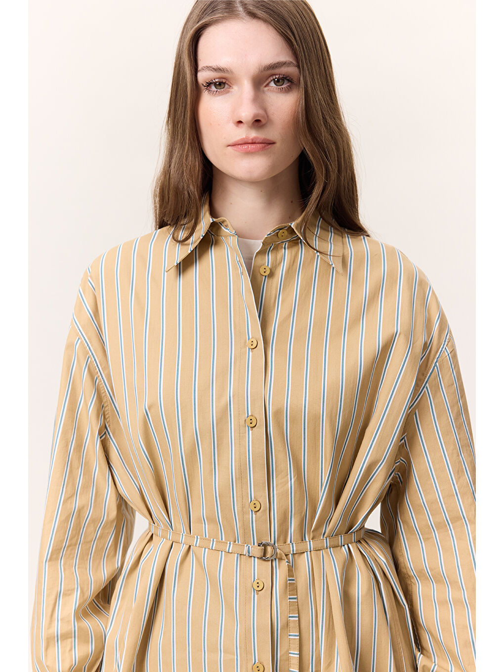 Kahverengi Çizgili Kemerli Gömlek Camel-6