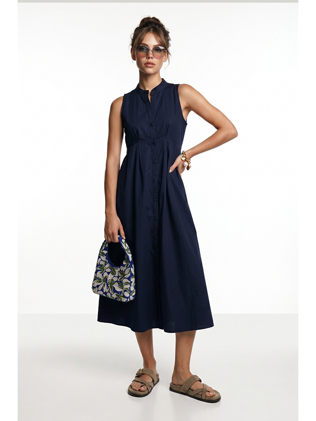 Kolsuz Midi Poplin Gömlek Elbise Lacivert Lmx0093-2