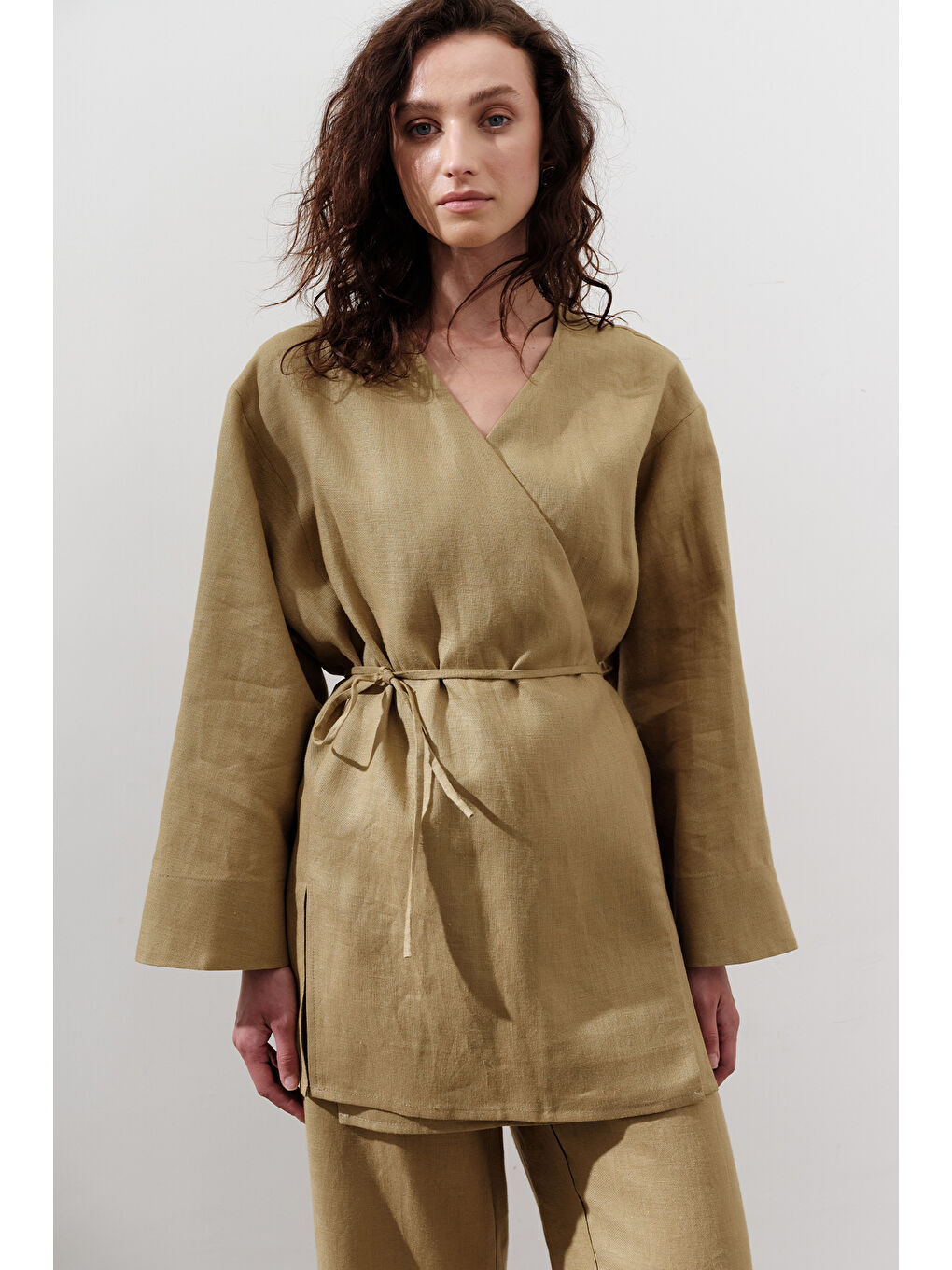 Sarı Keten Kruvaze Kapama Kimono Köri-1