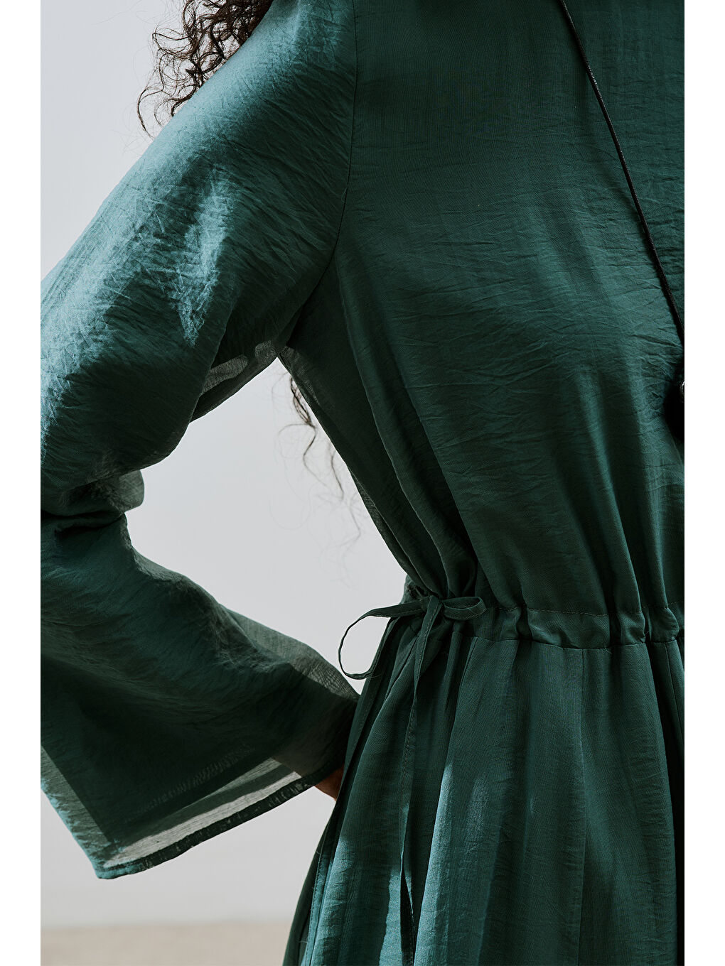 Uzun Beli Ayarlamalı Elbise Yeşil-5