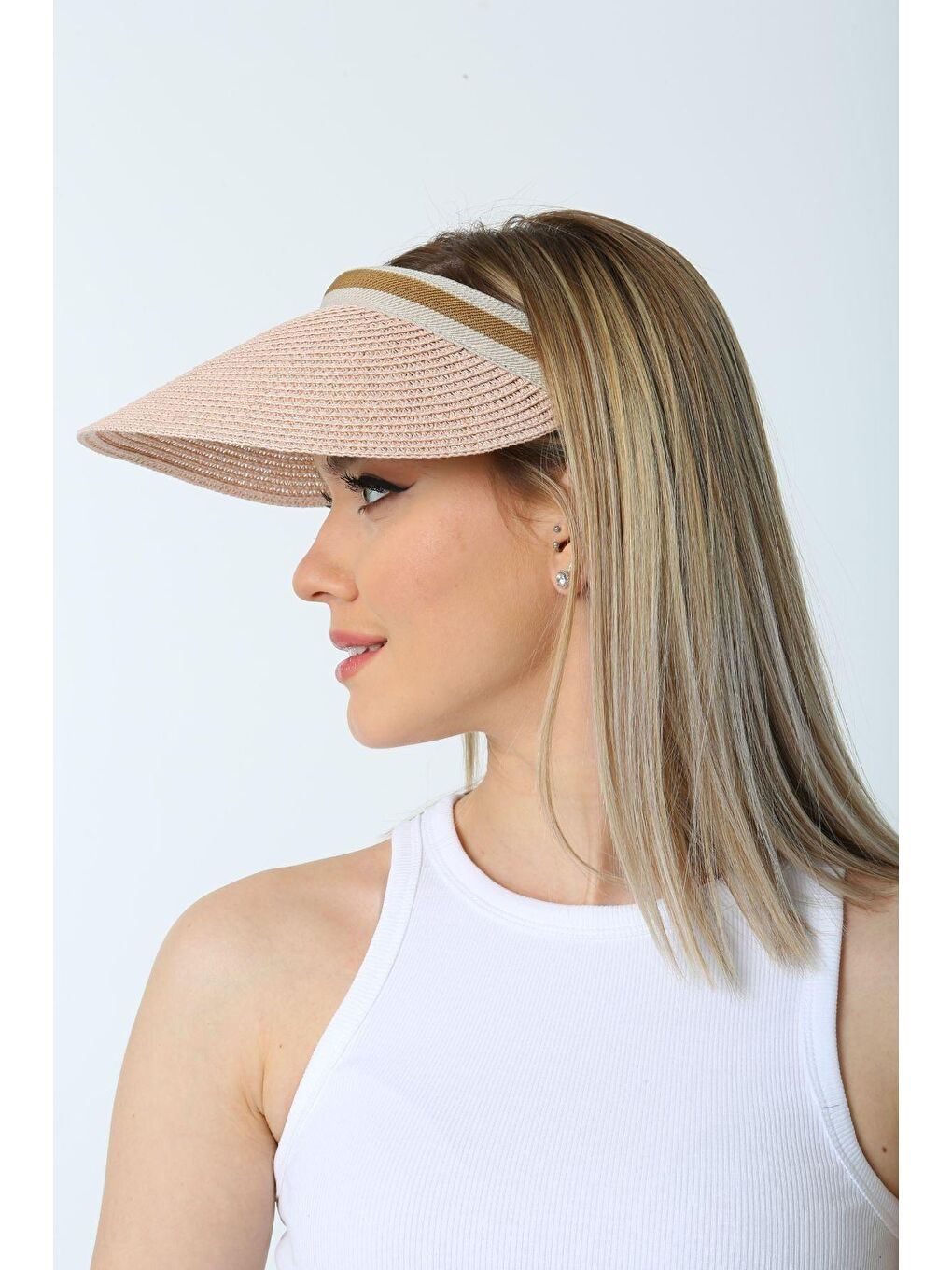 Pembe Pudra Ithal Şeritli Hasır Vizör Şapka Kutulu Gönderim HSR2000-2