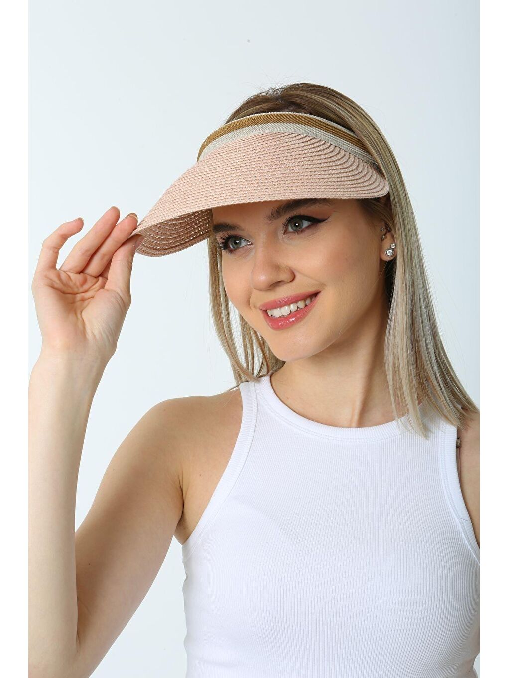 Pembe Pudra Ithal Şeritli Hasır Vizör Şapka Kutulu Gönderim HSR2000-3