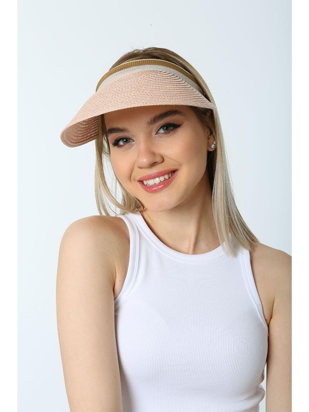 Pembe Pudra Ithal Şeritli Hasır Vizör Şapka Kutulu Gönderim HSR2000-4