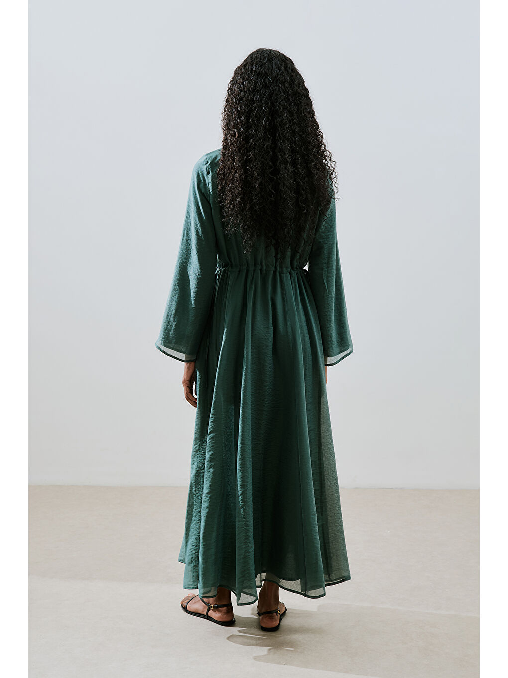 Uzun Beli Ayarlamalı Elbise Yeşil-6