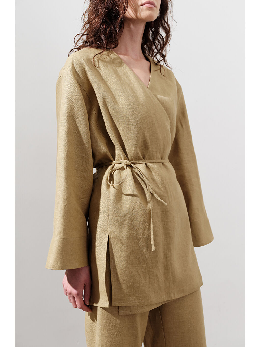 Sarı Keten Kruvaze Kapama Kimono Köri-3