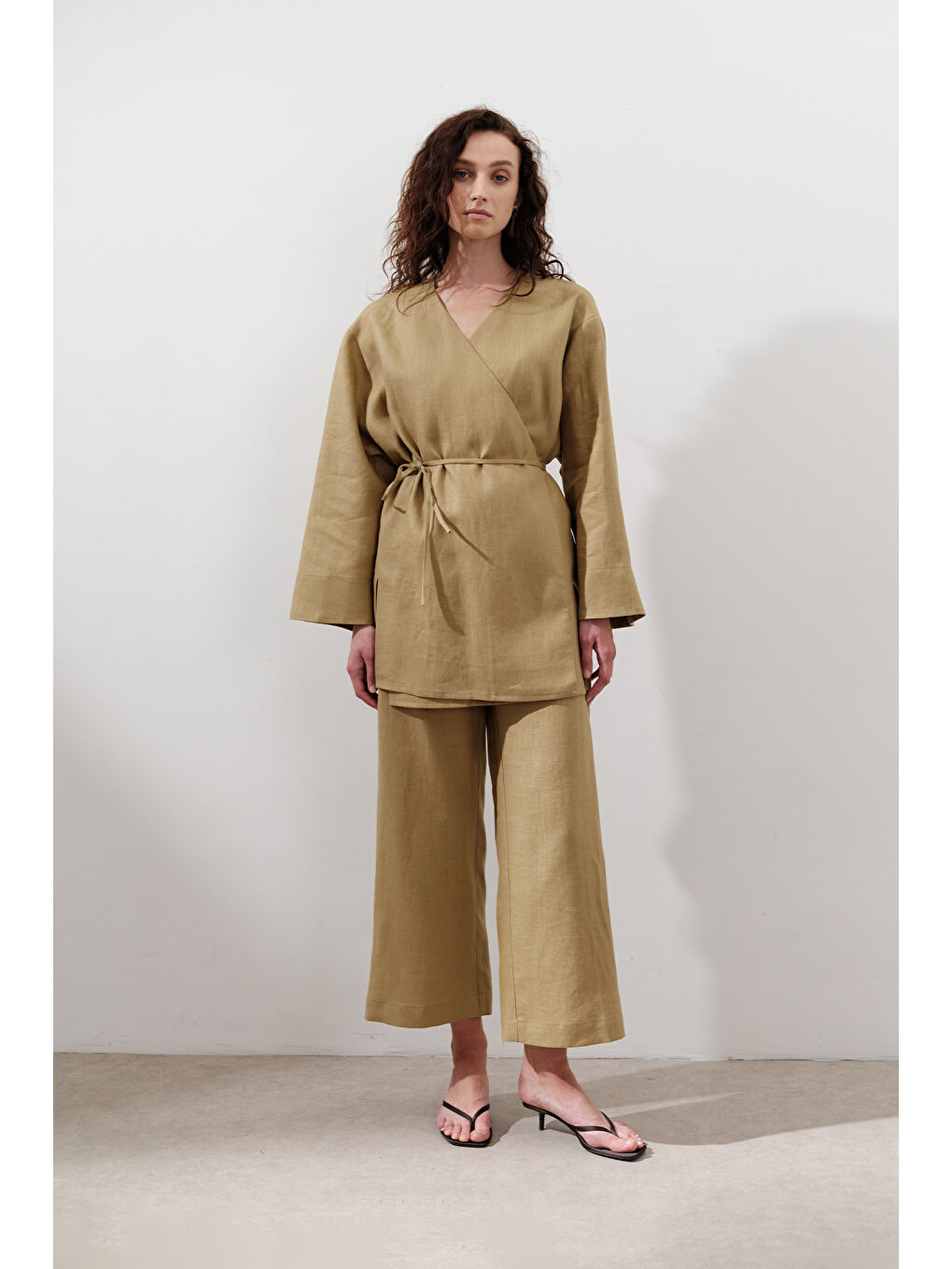 Sarı Keten Kruvaze Kapama Kimono Köri-4