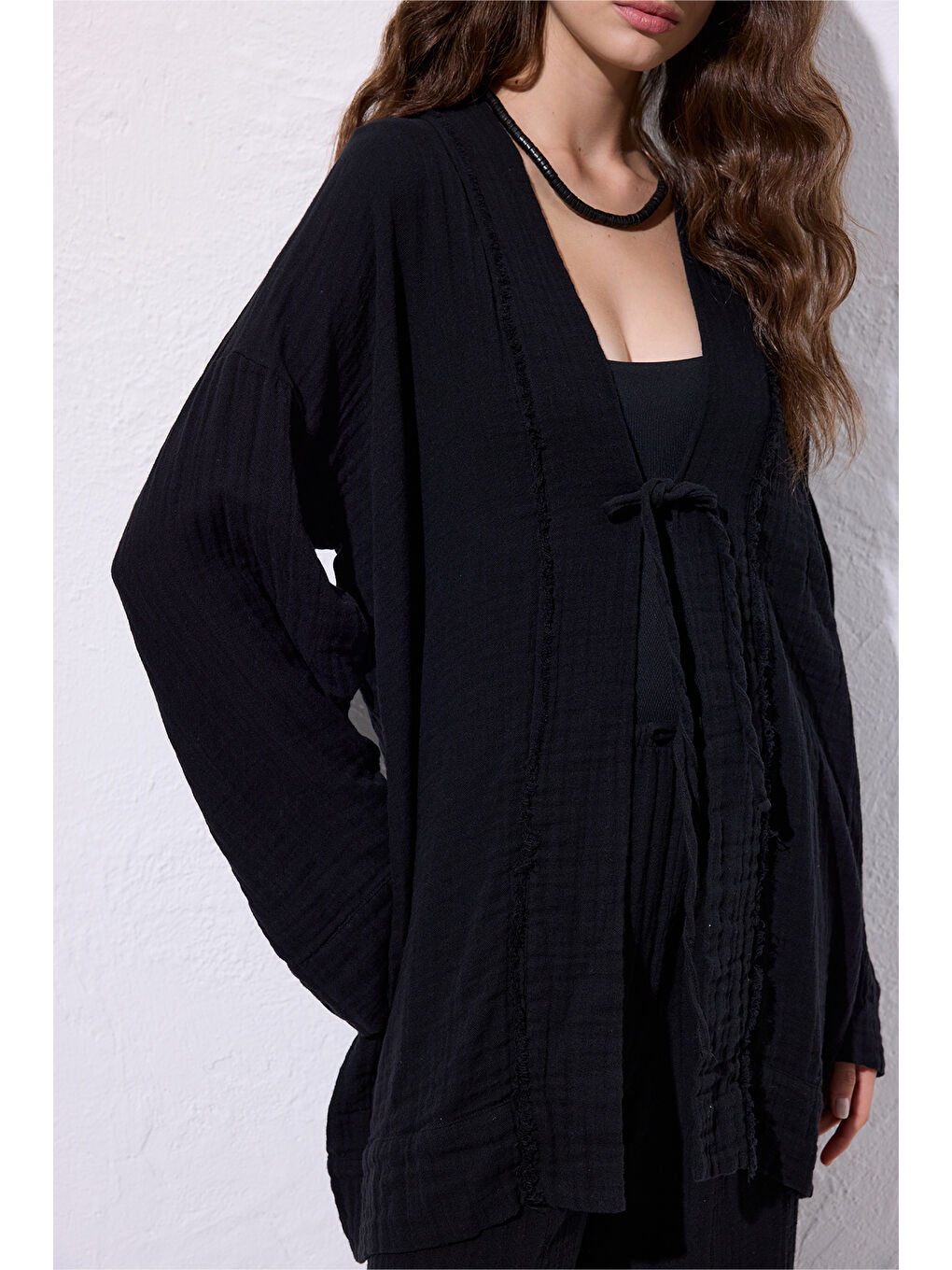 Müslin Geniş Kollu Kimono Siyah