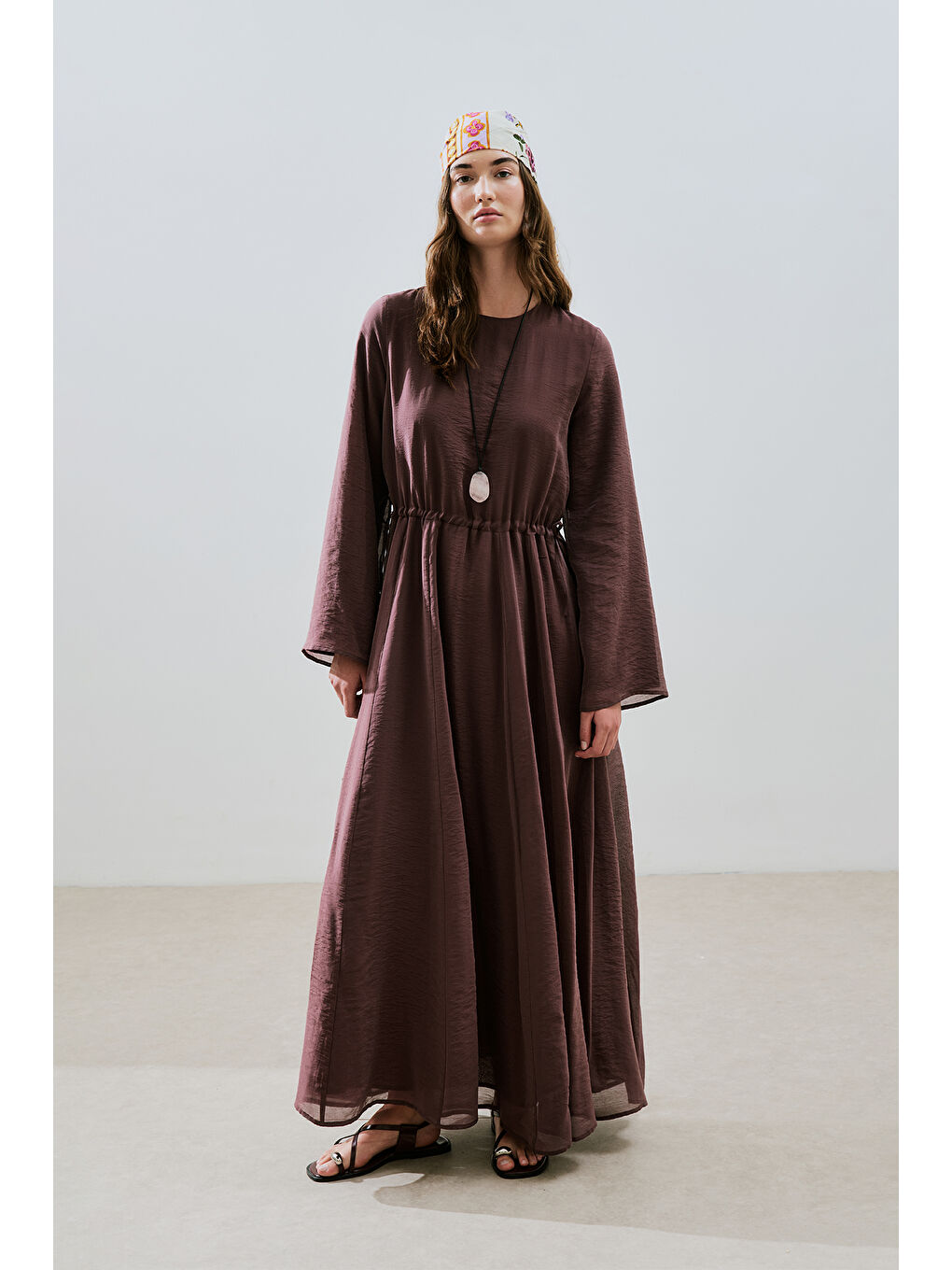 Uzun Beli Ayarlamalı Elbise Bordo-2