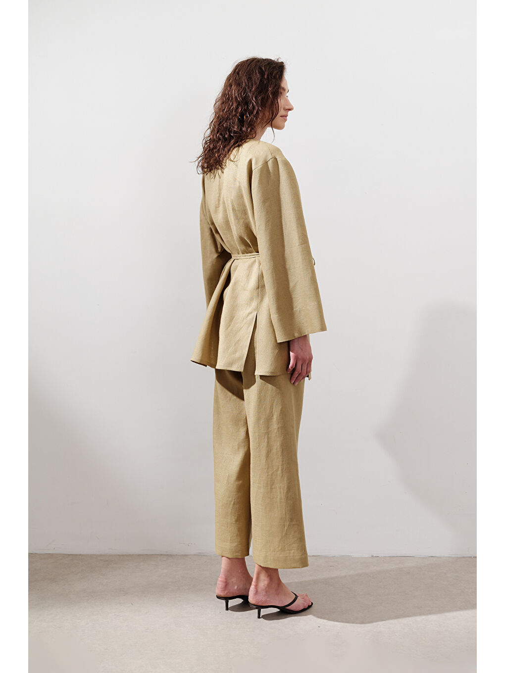 Sarı Keten Kruvaze Kapama Kimono Köri-5