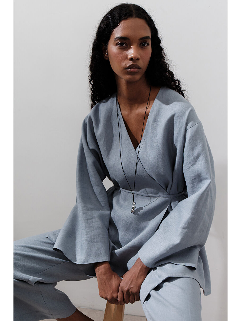 Keten Kruvaze Kapama Kimono Mavi-2