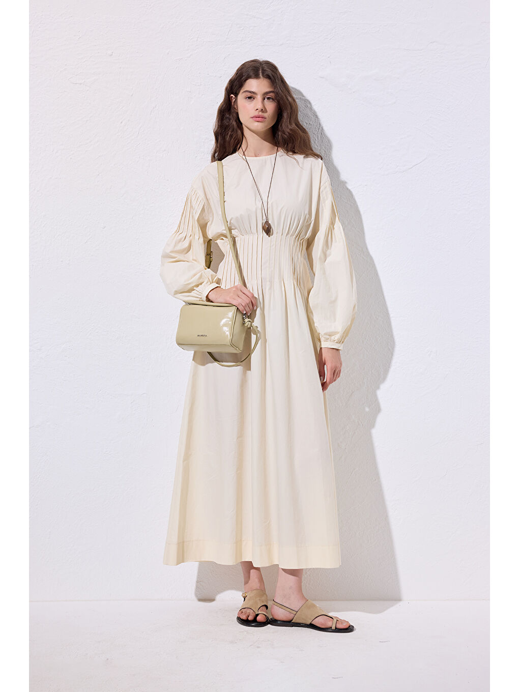 Karışık Beli Pile Detaylı Elbise Tereyağı