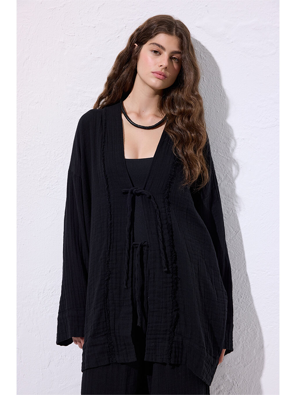 Müslin Geniş Kollu Kimono Siyah-1