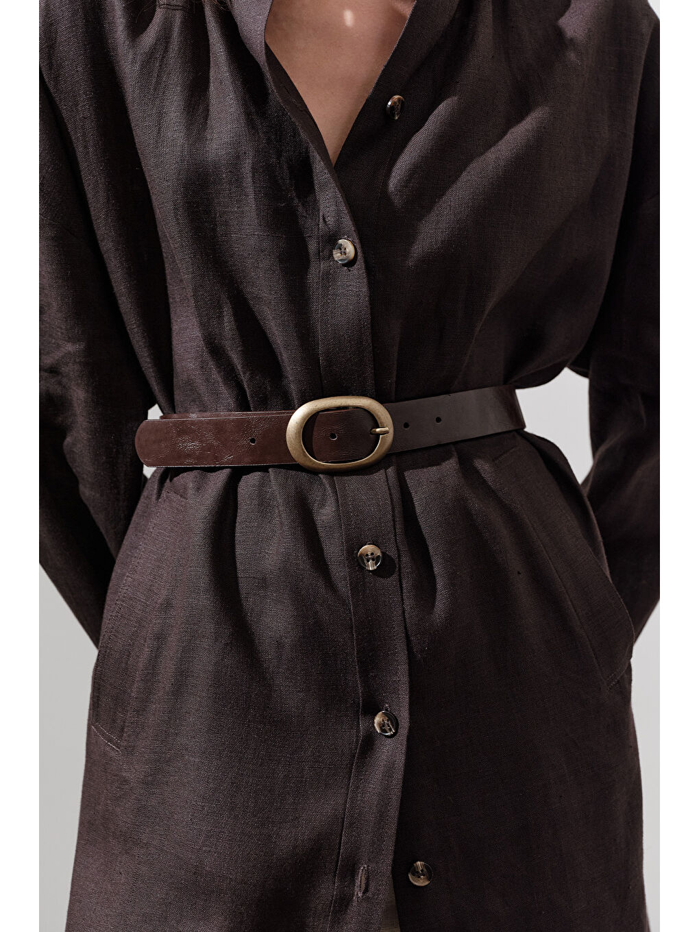 Antik Tokalı Oval Deri Kemer Kahverengi