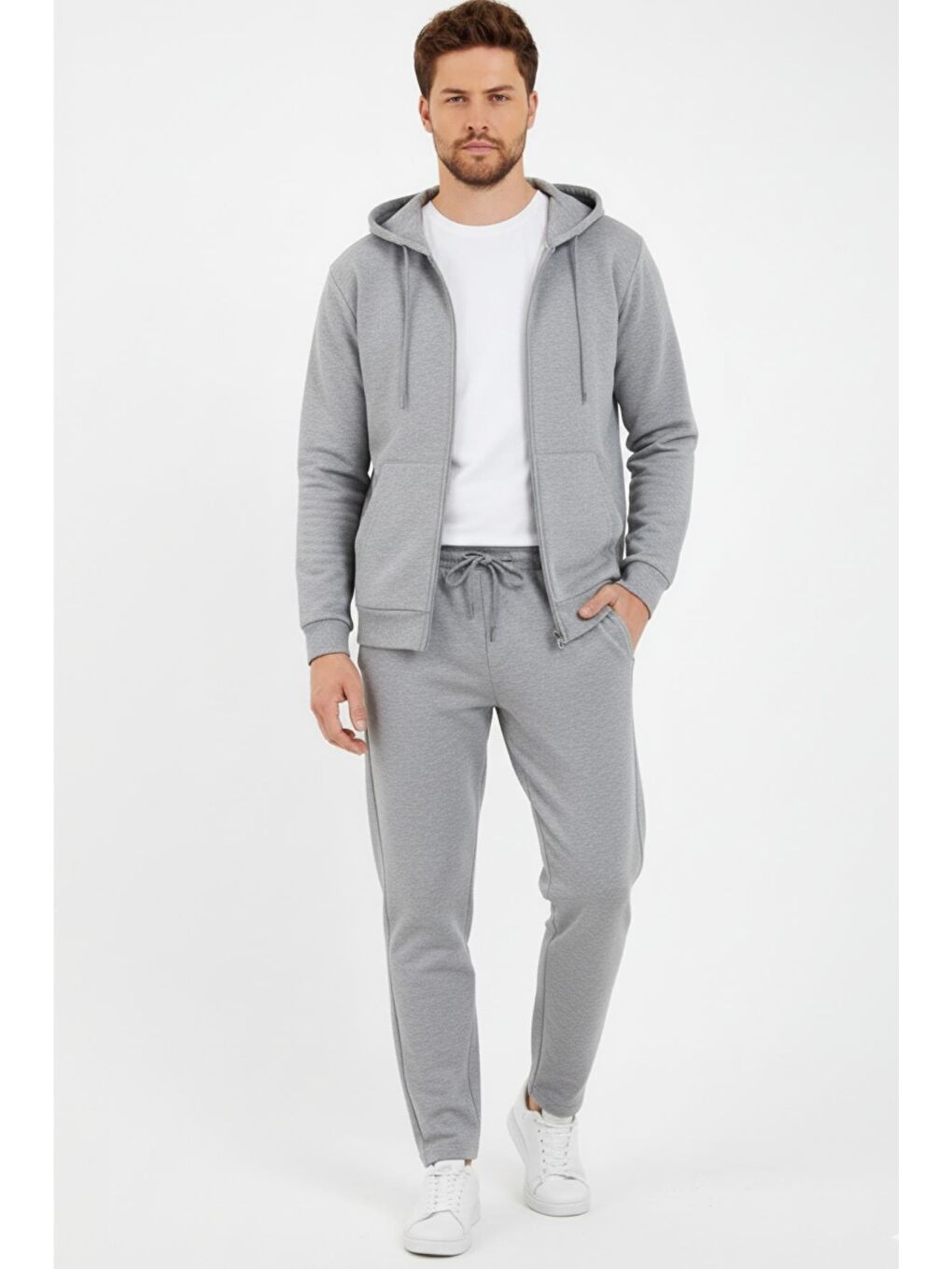 Gri Kapüşonlu Regular Fit Hırka Düz Paça Erkek Eşofman Takımı 3861