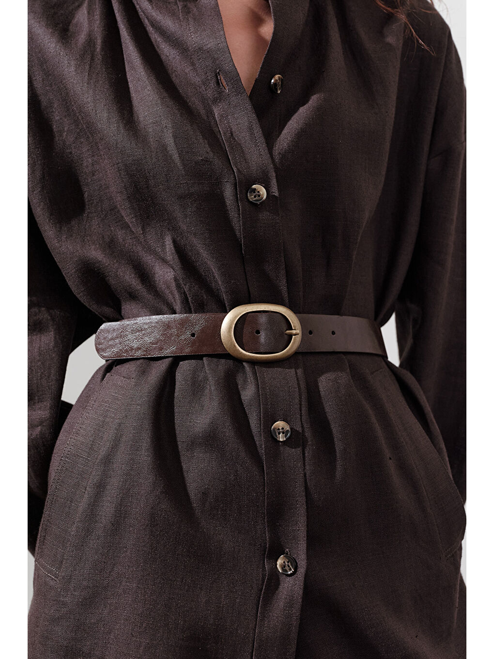 Antik Tokalı Oval Deri Kemer Kahverengi-1