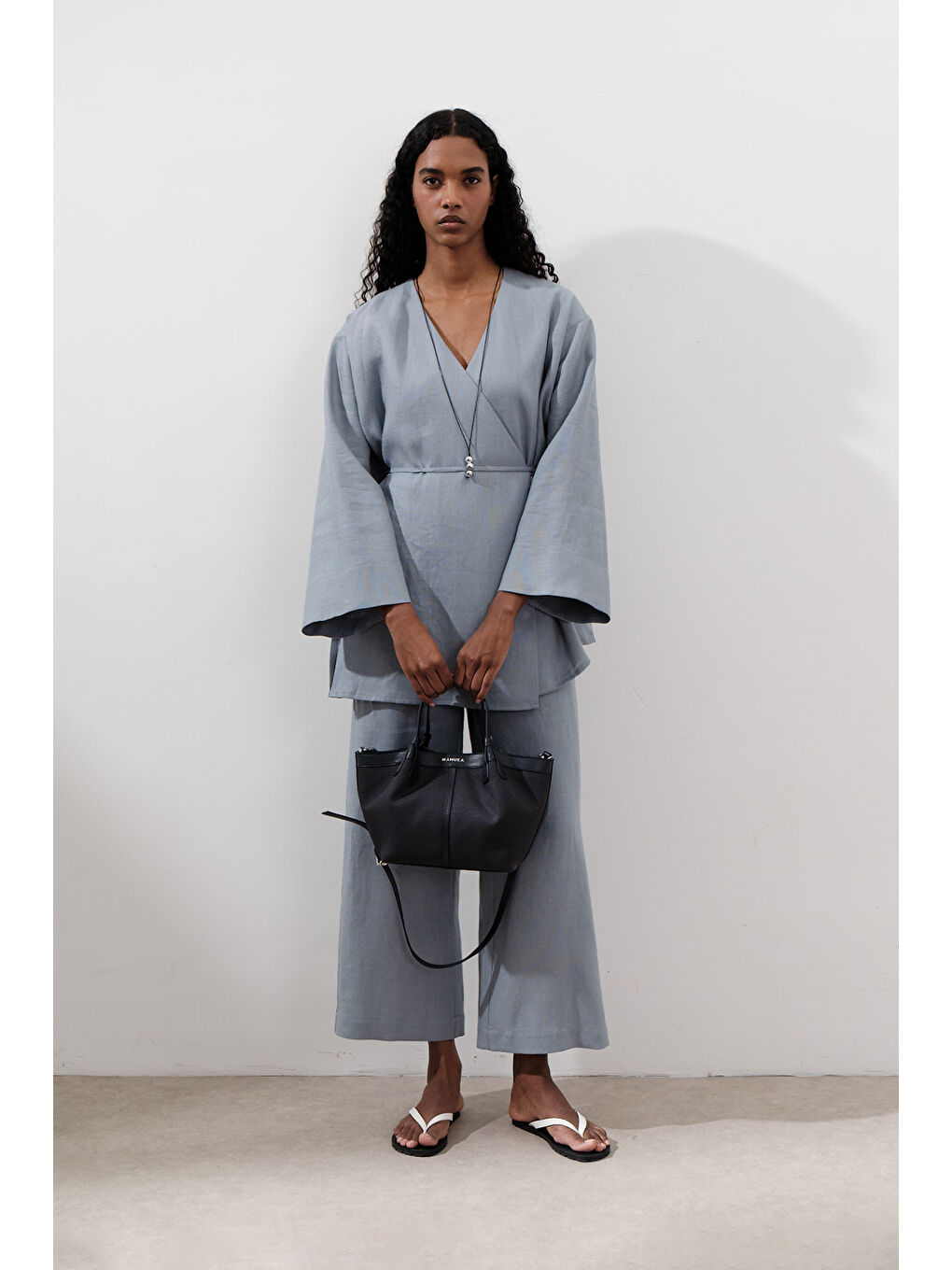 Keten Kruvaze Kapama Kimono Mavi-3