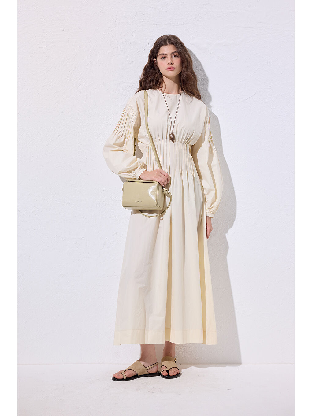 Karışık Beli Pile Detaylı Elbise Tereyağı-2