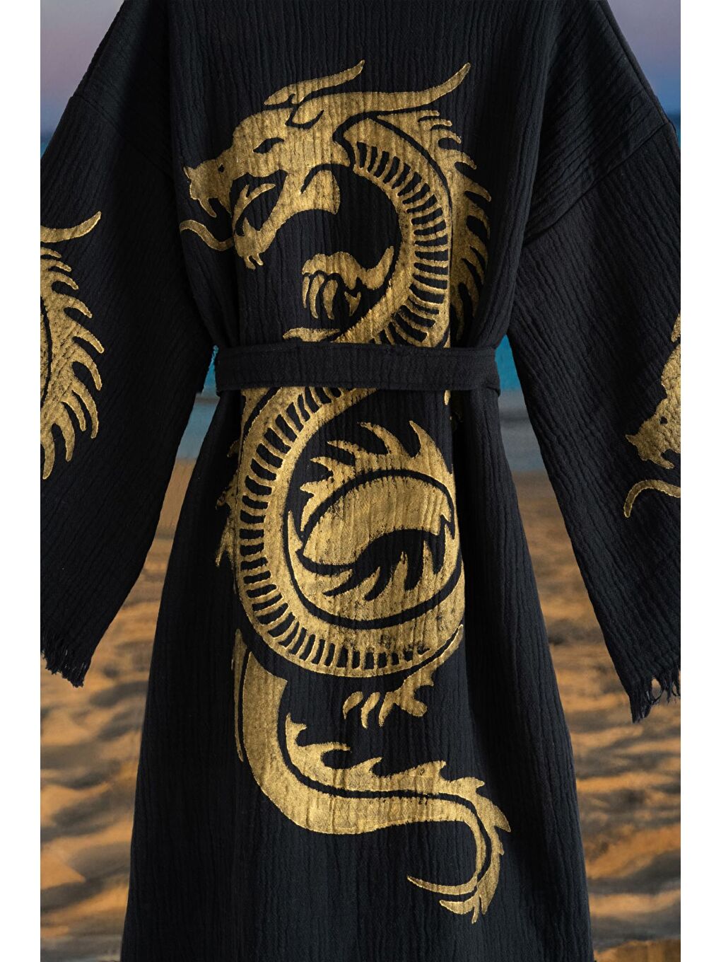 Siyah Organik %100 Pamuk Kimono Yaka Sabalık Bornoz Plaj Elbisesi - Viserion - SARI - L/XL SARI/L/XL-2