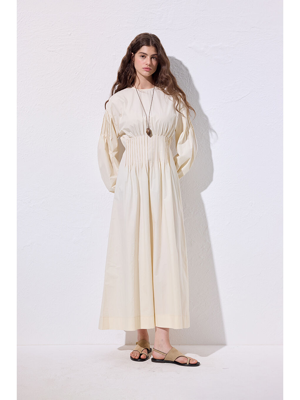 Karışık Beli Pile Detaylı Elbise Tereyağı-3