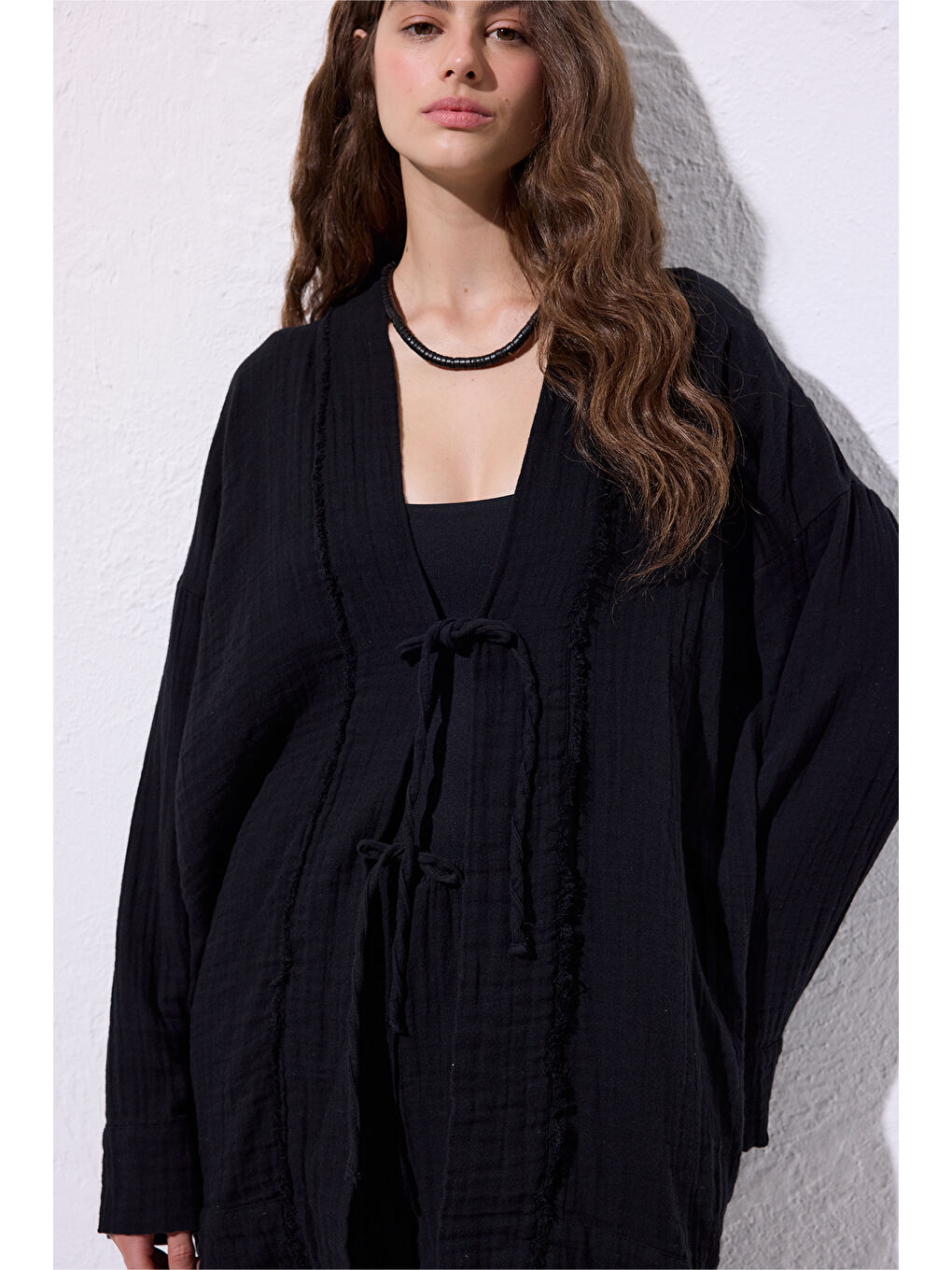 Müslin Geniş Kollu Kimono Siyah-3