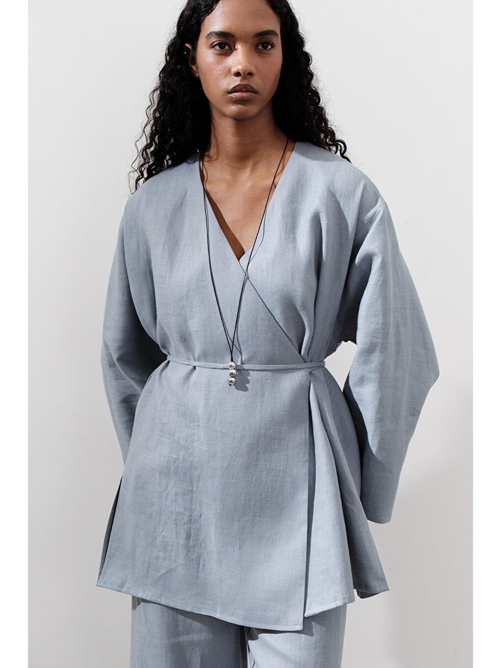 Keten Kruvaze Kapama Kimono Mavi-5