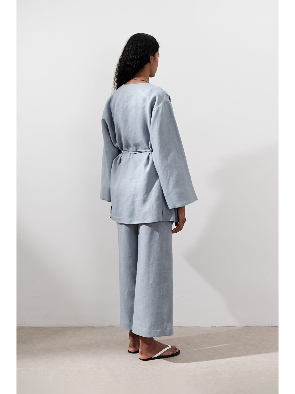 Keten Kruvaze Kapama Kimono Mavi-6