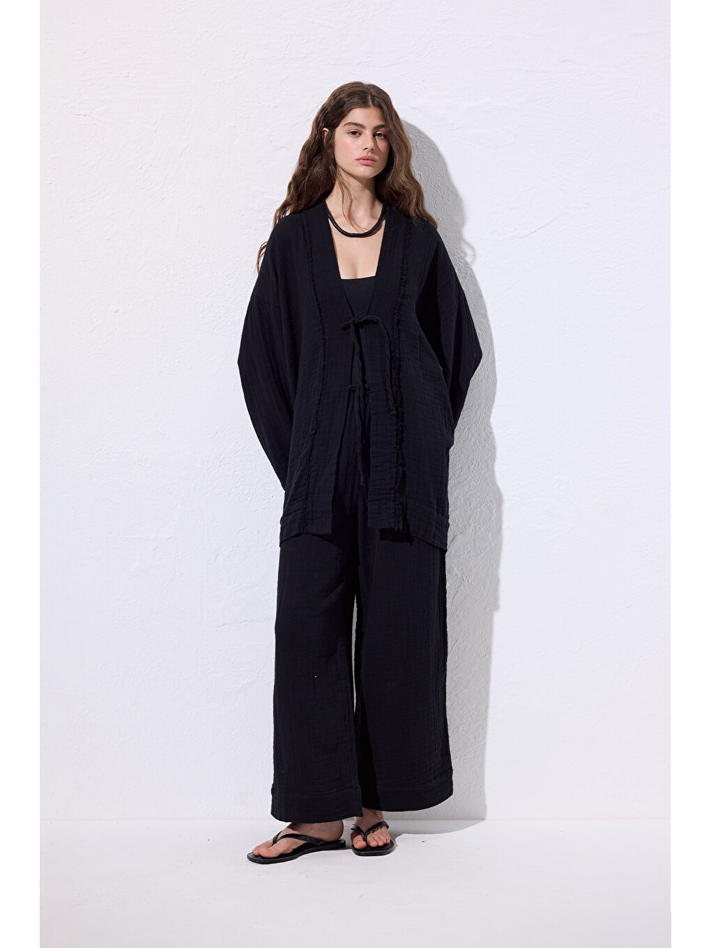 Müslin Geniş Kollu Kimono Siyah-4