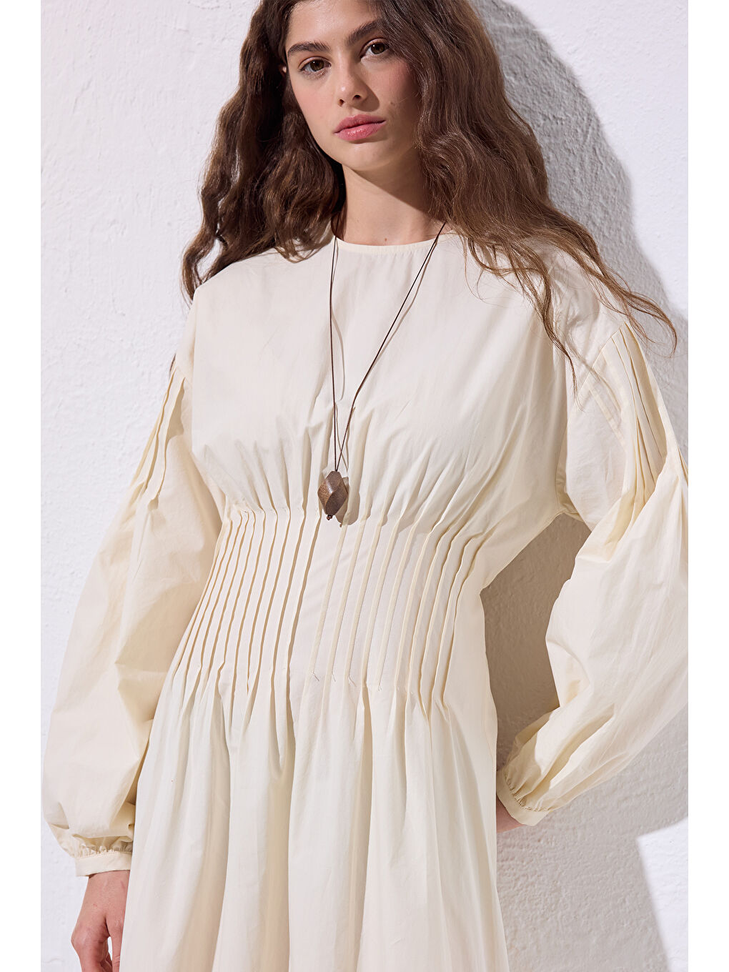 Karışık Beli Pile Detaylı Elbise Tereyağı-5