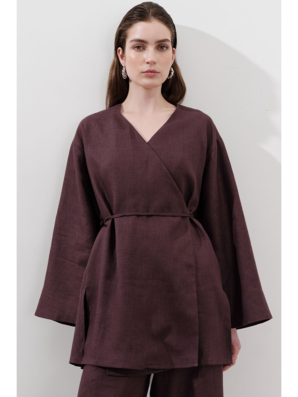 Keten Kruvaze Kapama Kimono Mürdüm