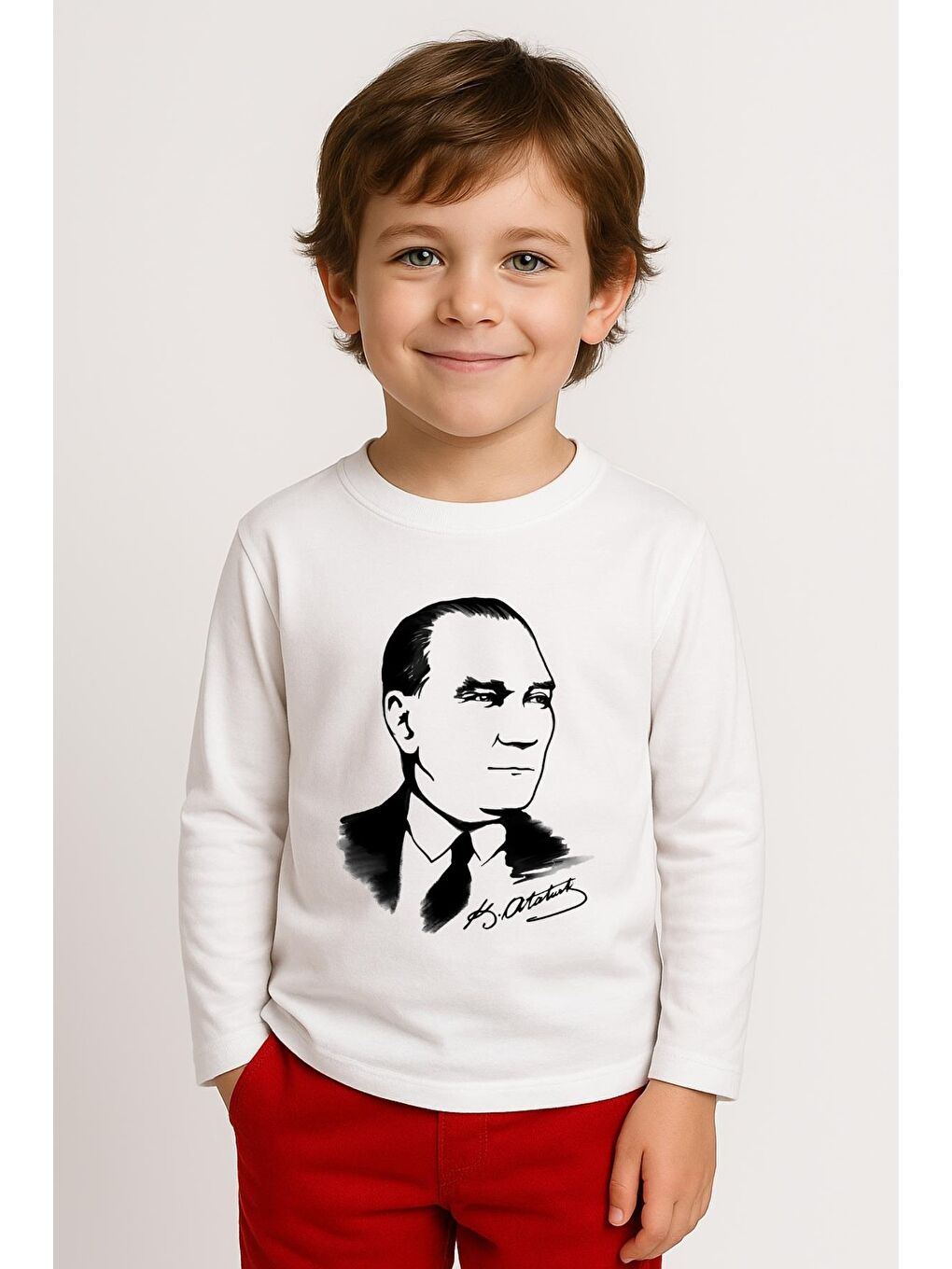 Unisex Çocuk Atatürk Baskılı Uzun Kollu Tişört - Beyaz