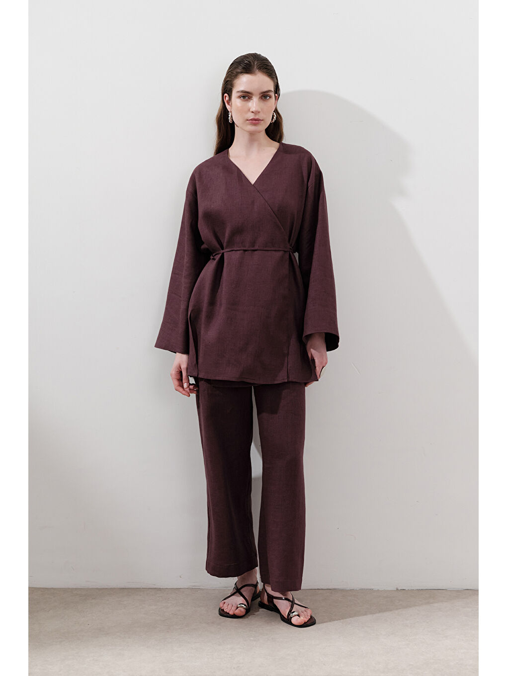 Keten Kruvaze Kapama Kimono Mürdüm-1