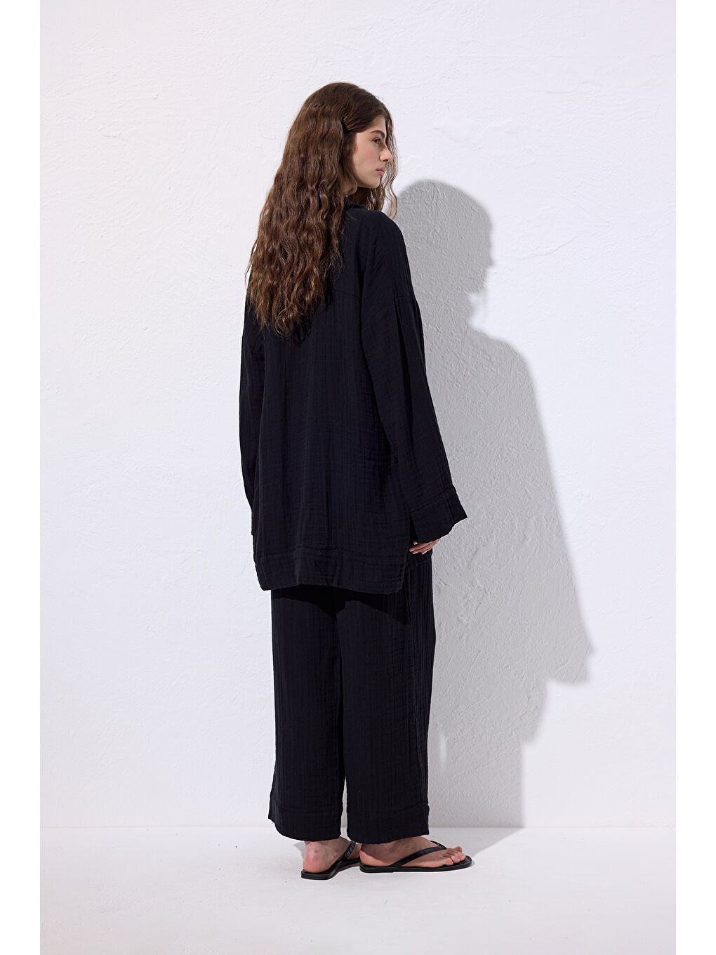 Müslin Geniş Kollu Kimono Siyah-5