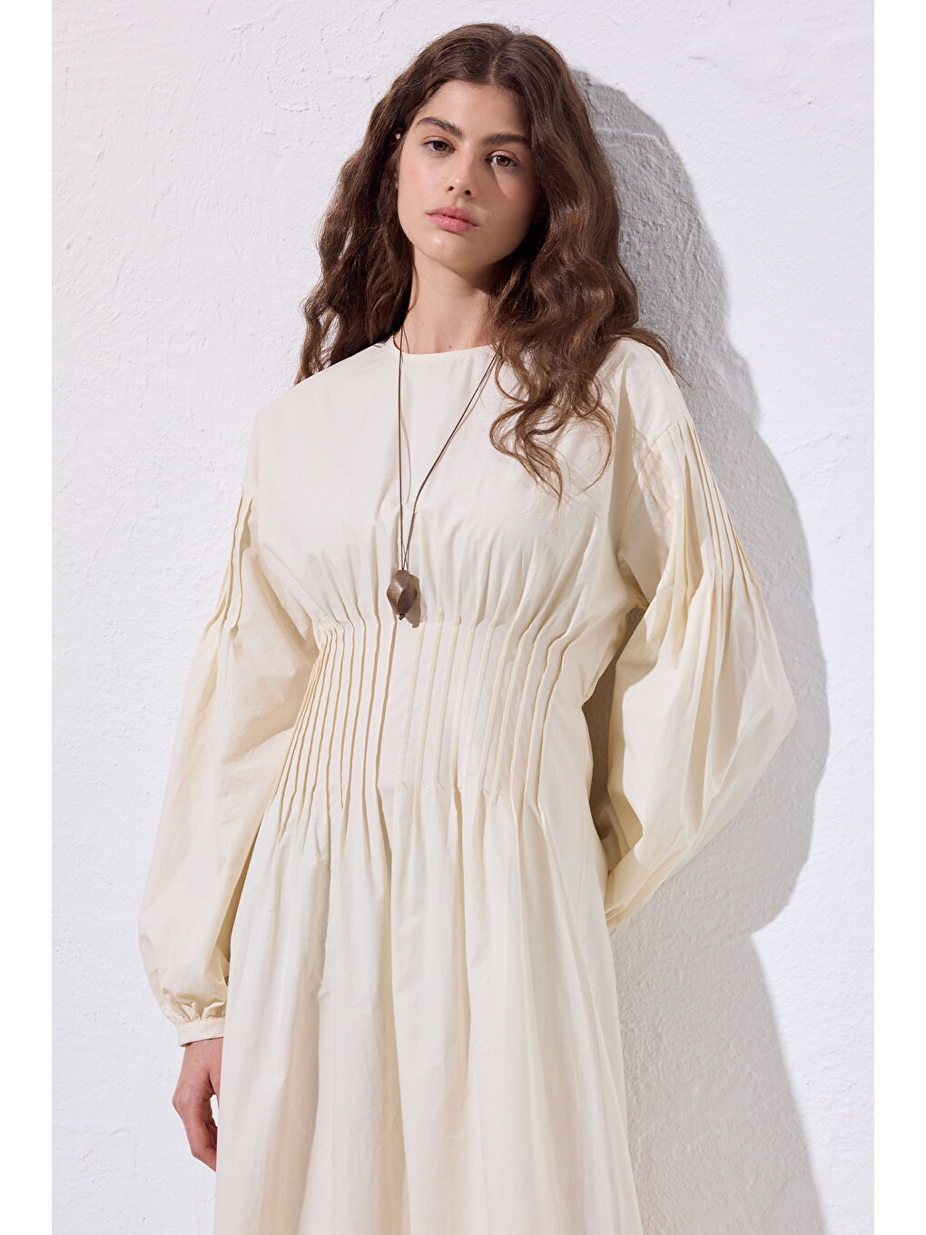 Karışık Beli Pile Detaylı Elbise Tereyağı-6