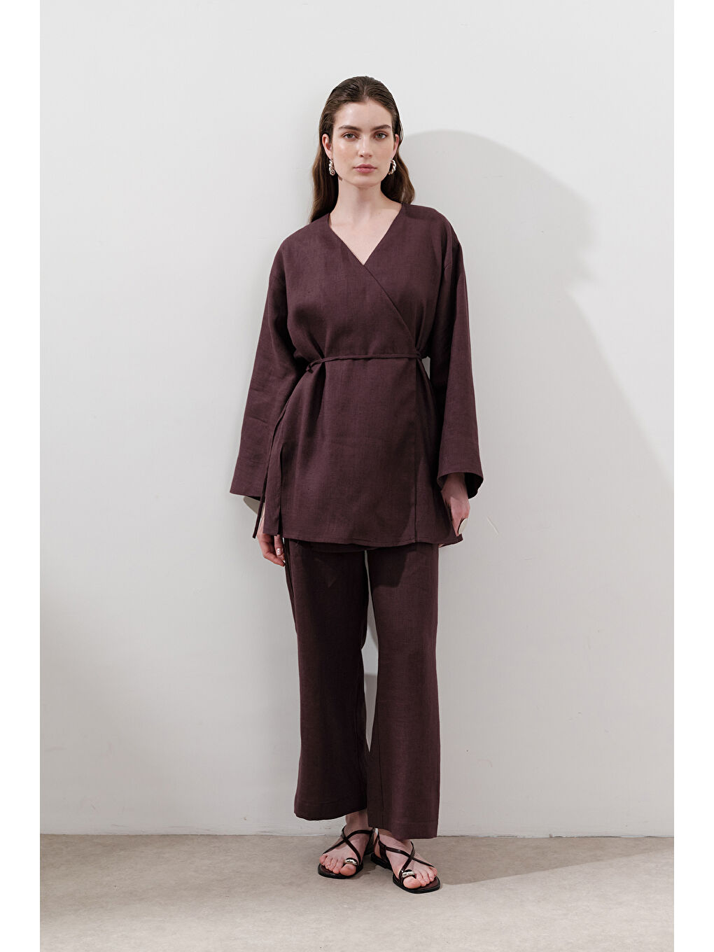 Keten Kruvaze Kapama Kimono Mürdüm-2