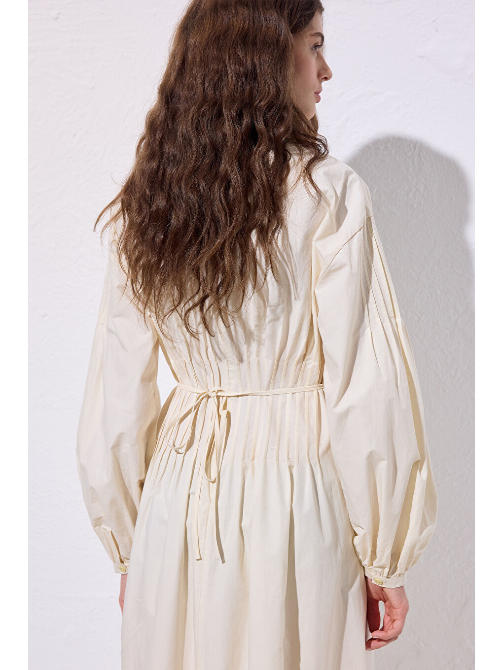 Karışık Beli Pile Detaylı Elbise Tereyağı-7